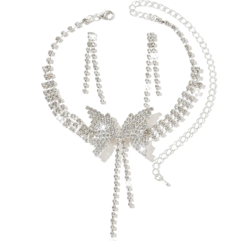 Seturi de bijuterii - Cercei si Colier choker elegant cu fluturi si strasuri stralucitoare, CRM, argintiu