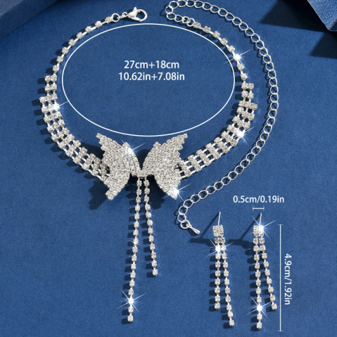 Cercei si Colier choker elegant cu fluturi si strasuri stralucitoare, CRM, argintiu [2]