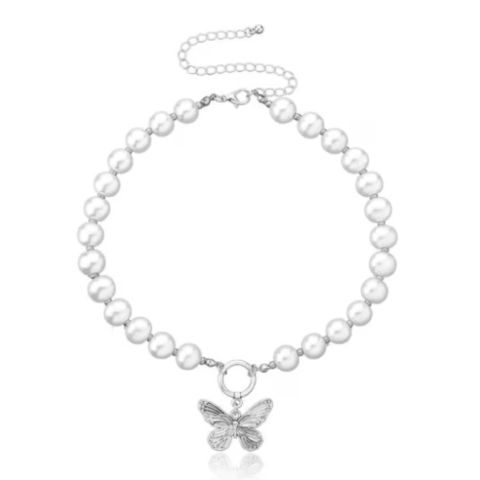 Colier choker elegant cu perle si pandantiv fluture pentru dama, CRM, argintiu [5]