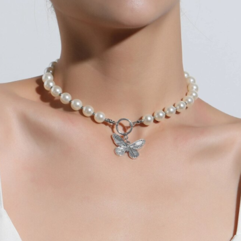 Colier choker elegant cu perle si pandantiv fluture pentru dama, CRM, argintiu [4]