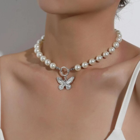 Colier choker elegant cu perle si pandantiv fluture pentru dama, CRM, argintiu [1]