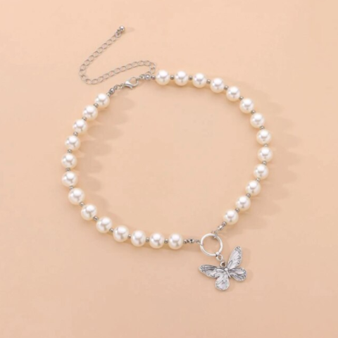 Colier choker elegant cu perle si pandantiv fluture pentru dama, CRM, argintiu [2]