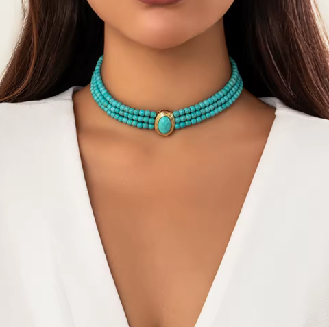 Colier cu Mărgele Marmură Turcoază EVNC - Model Oval Elegant