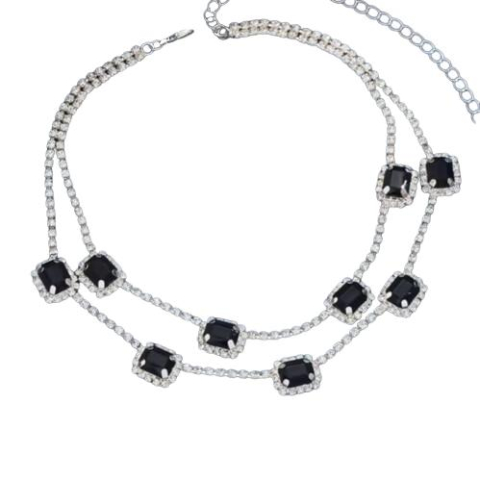 Coliere, lantisoare si chokere - Colier Dama cu Cristale Negre, CRM, Model Elegant cu Lant Dublu, Argintiu