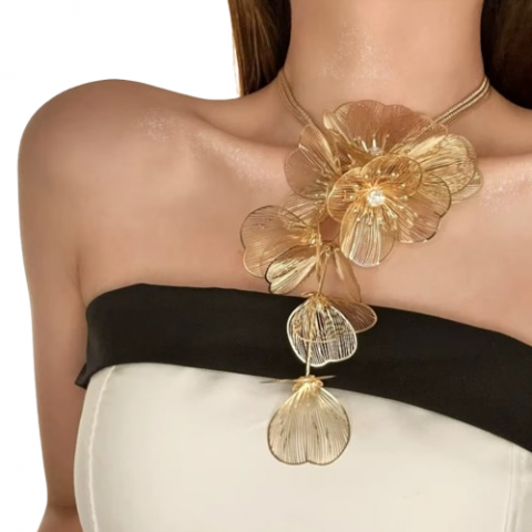 Colier deLux Floral, CRM, Choker Statement cu Franjuri Elegante pentru Femei, Auriu