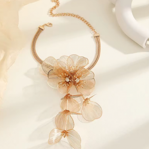 Colier deLux Floral, CRM, Choker Statement cu Franjuri Elegante pentru Femei, Auriu [3]