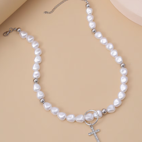 Colier Hip Hop cu Cruciulita, CRM, Alb-Argintiu [4]