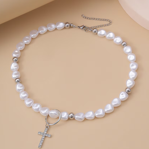 Colier Hip Hop cu Cruciulita, CRM, Alb-Argintiu [5]