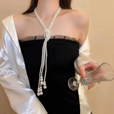 Colier lung din perle pentru femei, CRM, dublu, 125 cm [5]