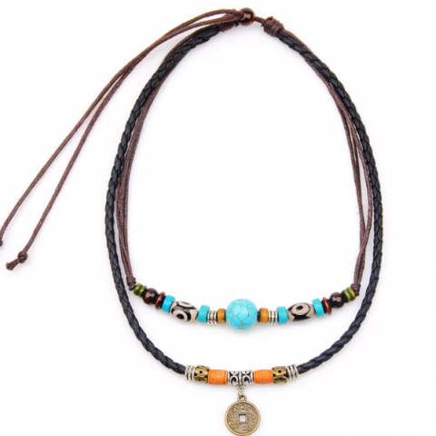 Coliere, lantisoare si chokere - Colier Retro din piele, 2 Layers, CRM, pentru Fete si Baieti, multicolor