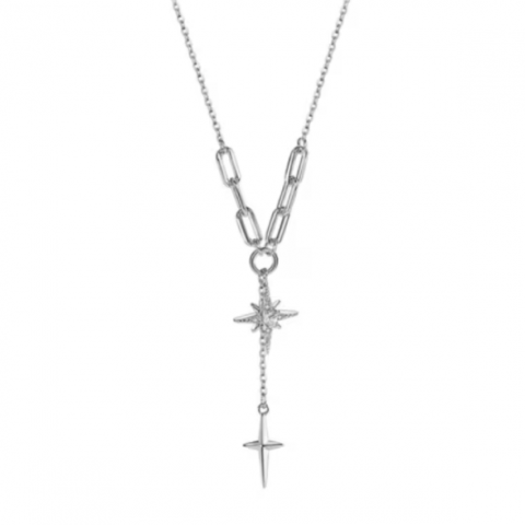 Colier Star pentru dama, CRM, Casual, cu cruciulita, argintiu, 40+3 cm