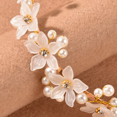 Coroniță Elegantă pentru Păr cu Flori Decorative, CRM, Alb/Auriu [2]