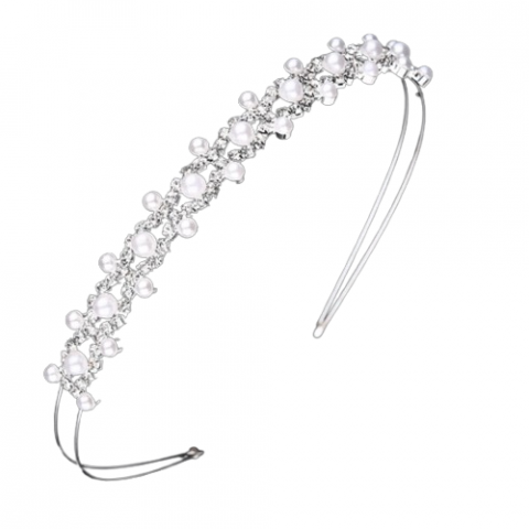 Accesorii pentru cap si par - Coroniță Elegantă pentru Păr cu Perle și Cristale, CRM, Accesoriu Decorativ, Alb/Argintiu
