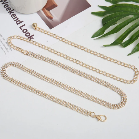 Curea tip lant cu strass, CRM, reglabila, eleganta, accesoriu fashion pentru rochii si tinute de seara, auriu [1]