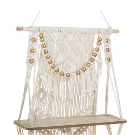 Decoratiune Suspendabila EVNC - Raft Dublu din Lemn cu Model Macrame, 41x13x82cm [2]
