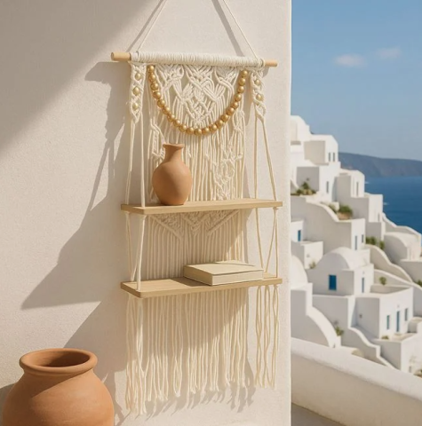 Casa, Gradina & Bricolaj - Decoratiune Suspendabila EVNC - Raft Dublu din Lemn cu Model Macrame, 41x13x82cm