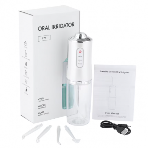 Irigator Oral/Dental, 3 Programe de Presiune, 4 Vârfuri Incluse, USB/IPX7, CRM, 220 ml, Portabil, Alb [0]