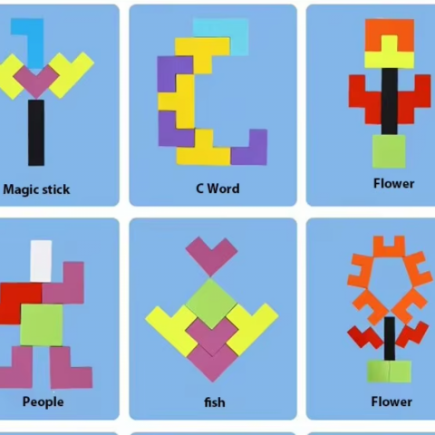 Joc creativ pentru copii - Tangram, Puzzle pt. dezvoltarea inteligentei, CRM, din lemn, cu 40 piese, multicolor [2]