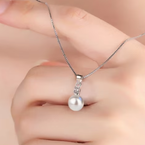 Lantisor cu pandantiv perla alba, CRM, argintiu, 43 cm, accesoriu elegant [1]