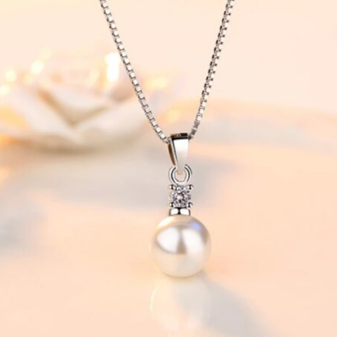 Lantisor cu pandantiv perla alba, CRM, argintiu, 43 cm, accesoriu elegant [3]