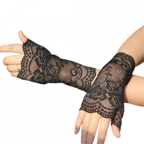 Accesorii vestimentare - Set 2 Mănuși Elegante fără Degete, CRM, din Dantelă Fină cu Broderie Florală,  Accesoriu Ocazie, Negru