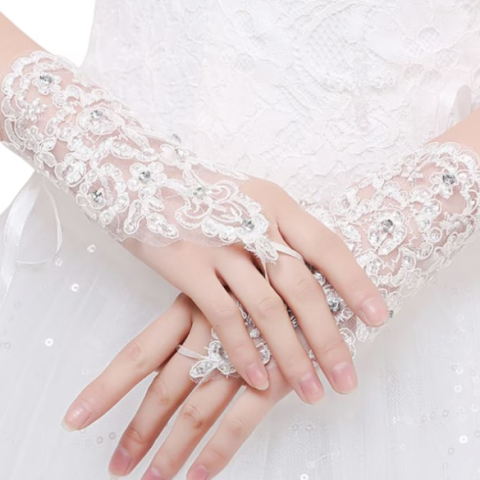 Accesorii vestimentare - Mănuși Elegante Damă, CRM, din Dantelă cu Broderie Florală și Șiret Reglabil, Accesoriu de Ocazie, Alb