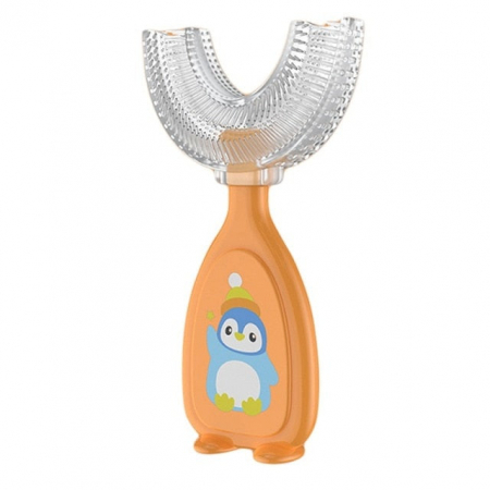 Periute dinti - Periuta de dinti pentru copii, ADM, Penguin, forma circulara, din silicon, 2-6 ani, portocalie