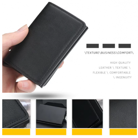 Portofel Slim din Piele cu Portcard din Aluminiu, CRM, Protecție RFID, Negru [3]