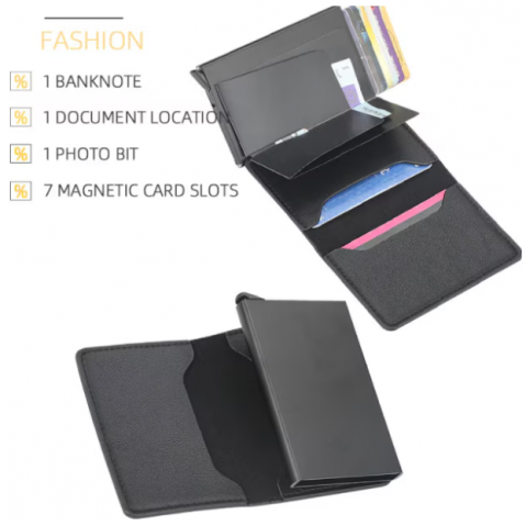 Portofel Slim din Piele cu Portcard din Aluminiu, CRM, Protecție RFID, Negru [5]