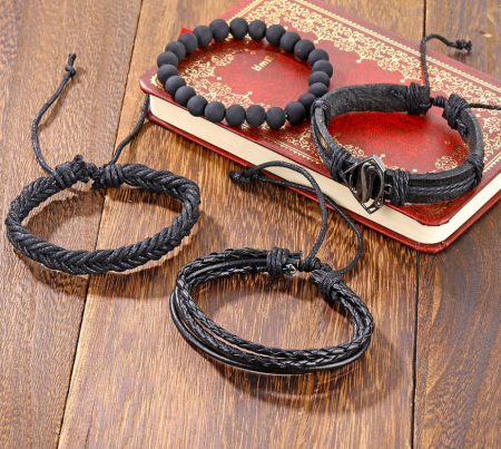 Set 4 bratari din piele ecologica, obsidian si aliaj metalic, GMO, Vintage Black Superman, ajustabile [1]