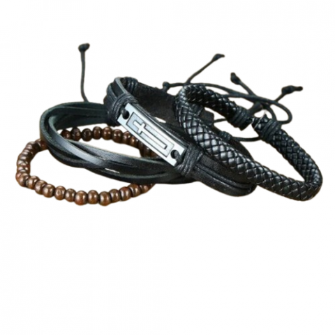 Set 4 Brățări Bărbați, Piele Ecologică, CRM, Ajustabile, Negre