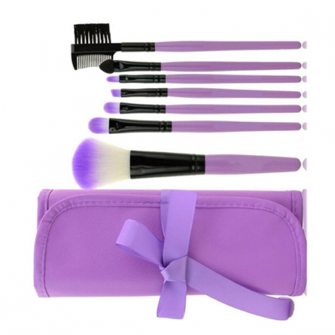 Set 7 Accesorii Machiaj, CRM, Premium Brushes, din Fibre Sintetice, cu Husă Mov [4]