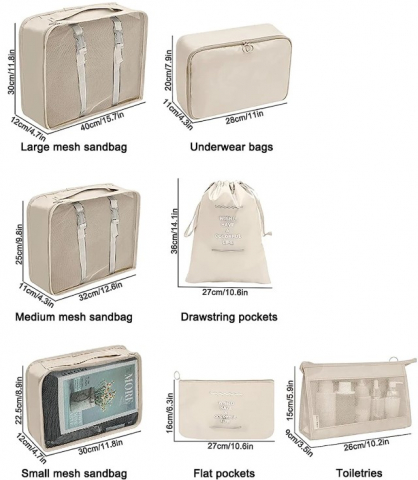 Set 7 genti organizatoare pentru calatorii, EVNC, Travel Storage Bag, marimi diverse, bej [1]