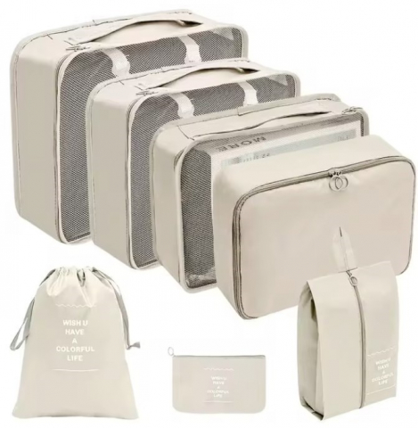 Accesorii vestimentare - Set 7 genti organizatoare pentru calatorii, EVNC, Travel Storage Bag, marimi diverse, bej
