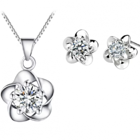 Set bijuterii damă elegant, CRM, colier și cercei floare cu cristale strălucitoare, argintiu [0]