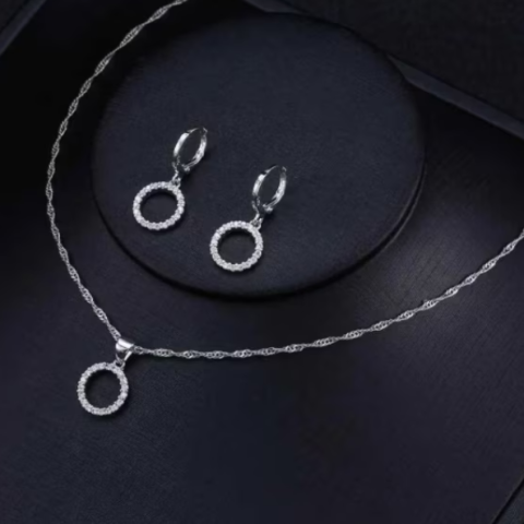 Set Bijuterii Elegant, CRM, Colier si Cercei Cerc, Argintiu [2]