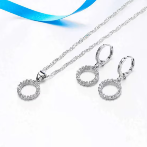 Set Bijuterii Elegant, CRM, Colier si Cercei Cerc, Argintiu [1]