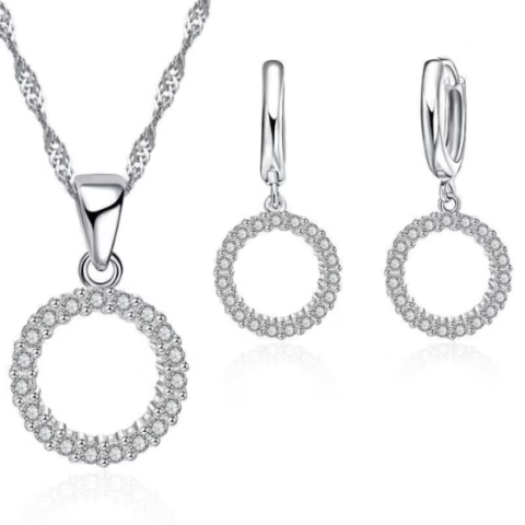 Set Bijuterii Elegant, CRM, Colier si Cercei Cerc, Argintiu