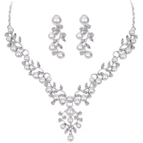 Set bijuterii elegant pentru ocazii speciale, CRM, cu perle artificiale si strasuri, colier si cercei, argintiu [2]