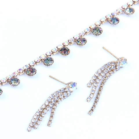 Set Bijuterii femei, Colier si Cercei, Crystal, CRM, verde-argintiu, 37.5+6 CM [2]