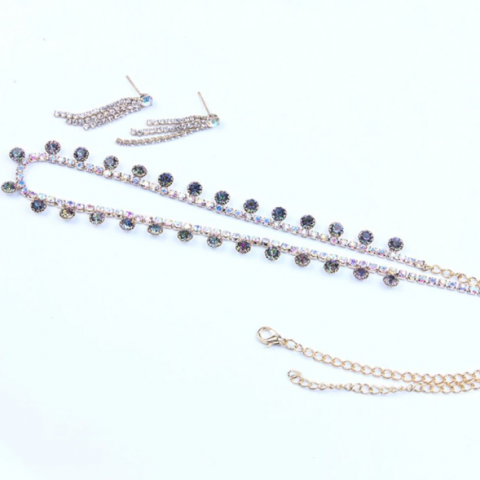 Set Bijuterii femei, Colier si Cercei, Crystal, CRM, verde-argintiu, 37.5+6 CM [3]