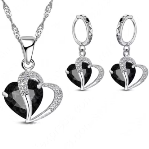 Set bijuterii, lantisor cu pandantiv si cercei, CRM, argintiu, forma inima, cristal negru