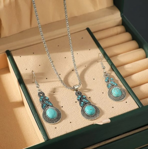 Set bijuterii femei cu lantisor si cercei, Vintage Design, cu piatra turcoaz [5]