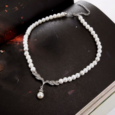 Set colier si cercei, argintiu, cu perle si pietre, EVNC, Shiny Pearls [4]