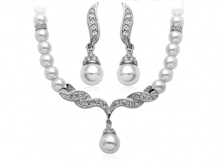 Seturi de bijuterii - Set colier si cercei, argintiu, cu perle si pietre, EVNC, Shiny Pearls