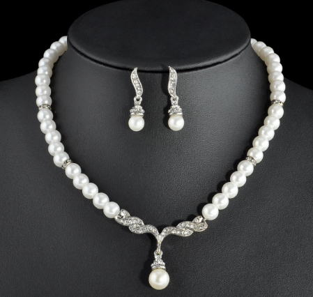 Set colier si cercei, argintiu, cu perle si pietre, EVNC, Shiny Pearls [2]