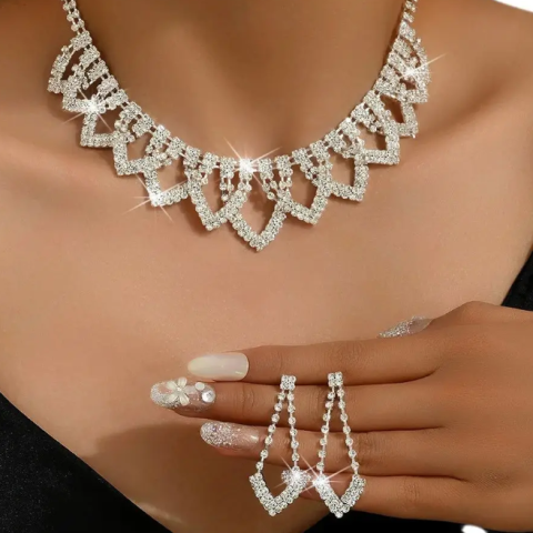 Set colier si cercei cu cristale, CRM, model geometric elegant, argintiu [3]