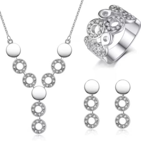 Set de bijuterii pentru fete, CRM, colier cu cercei si inel, argintiu