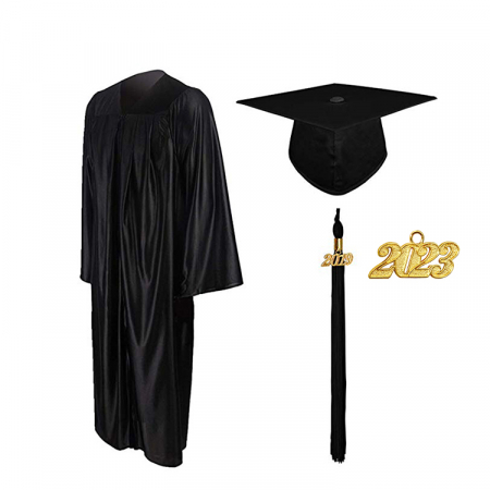 Cap, Gown & Tassel - Shiny Black Bachelors Gown, Cap, & Tassel