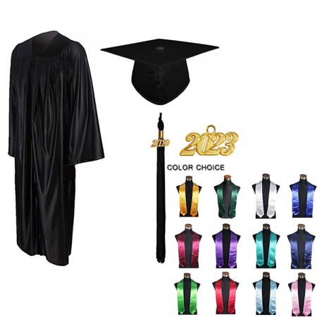 Gown, Cap, Tassel & Stole - Shiny Black Bachelors Gown, Cap, Tassel & Stole